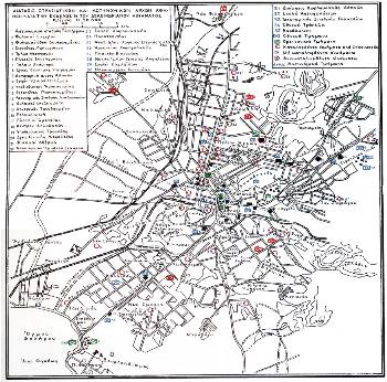Χάρτης από έκδοση της Διεύθυνσης Ιστορίας Στρατού, που απεικονίζει τα 28 κατειλημμένα από το μαχόμενο λαό αστυνομικά τμήματα (σημειωμένα σε κόκκινο κύκλο)